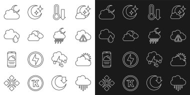 Bulut 'u yağmur güneşi ve bulutlu hava durumu ile Meteoroloji uydusu termometre ay ve ikonu ile ayarlayın. Vektör.