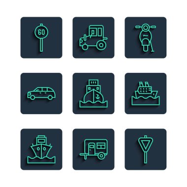 Kargo gemisi Rv Kamp Karavan Yolu trafik levhası Scooter Hatchback araba hız limitini ve Cruise simgesini ayarla. Vektör.