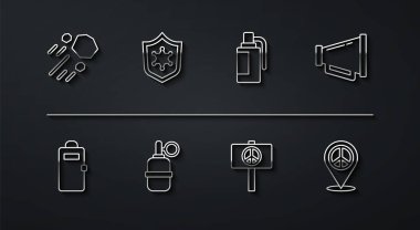 Uçan Taş Polis saldırı kalkanı Megafon Barış El Bombası rozet yeri barış ve ikon. Vektör.