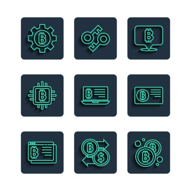 Satır Bitcoin 'i tarayıcı kripto döviz bozdurma bitcoin' inde dizüstü bilgisayar CPU madencilik çiftliğinden ve ikonlu kredi kartından ayarla. Vektör.