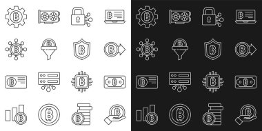 Hat El 'i Bitcoin Kripto Para Kilidi ile Satış hunisi engelleme teknolojisi ve Kalkan simgesi ile ayarla. Vektör.