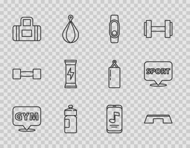 Çizgi konum spor salonu basamağı platformu Smartwatch Fitness Sallama Spor çantası Beslenme Müzisyeni ve ikon. Vektör.