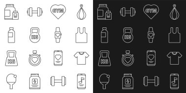 Tişörtsüz, kolsuz spor salonu, kalp, spor, spor, beslenme ve Smartwatch ikonu. Vektör.