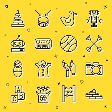 Oyuncak yapı taşı tuğlaları foto kamera okları enayi uçlu plastik ördek piyano, oyuncak piramit ve basketbol ikonu. Vektör.