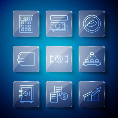 Güvenli Kağıt veya Finansal büyüme çekini belirle. Altın külçeleri, cüzdan hesap makinesi ve ikonu yırtıyor. Vektör.