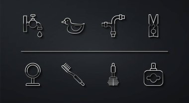 Hattı Su Musluğu Makyaj Aynası Giysileri Pimi Diş fırçası Lastik Ördek Parfümü ve Endüstri Metalik Boru Simgesi olarak ayarla. Vektör.