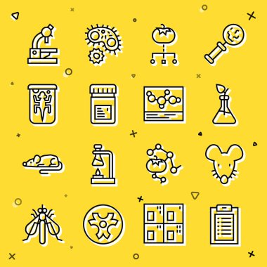 Genetik olarak modifiye edilmiş yiyecek kavanozunu katkı maddeleri, mikroskop ve kimyasal formül ikonu ile deneysel fare çiftleşmesi rekorunu kırın. Vektör.