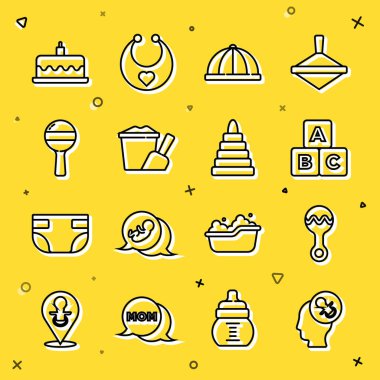 Hattı ayarla, bebek emziği, oyuncak bebek ABC 'yi tıka basa doldur, kova içinde Kek yanan mumlar ve piramit ikonu. Vektör.