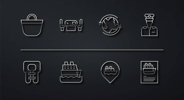 Sahil şeridi cankurtaran yeleği kaptanı Cruise Poker masası ve dünya çapında ikonu olan gemi konumu. Vektör.