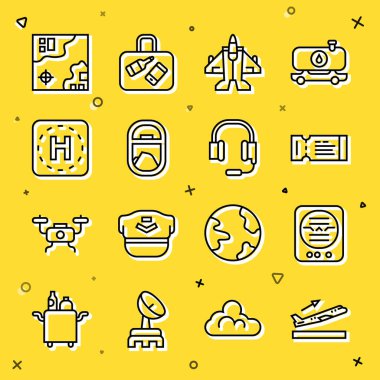 Kalkış çizgisi uçak kalkış göstergesi havayolu uçak uçak bileti helikopter pisti iniş pisti dünya seyahat haritası ve mikrofon ikonlu kulaklıkları ayarlayın. Vektör.