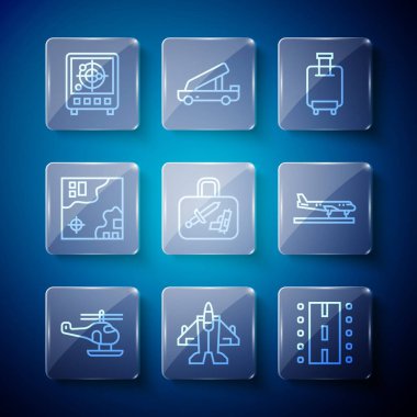 Helicopter Jet savaş uçağı pisti valiz dünya seyahat haritası Radar 'ı monitörde ve uçak simgesinde hedeflerle ayarlayın. Vektör.