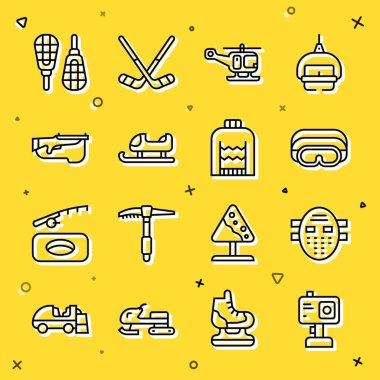 Kayak maskesi, kar maskesi kurtarma helikopteri, kızak, kar ayakkabısı ve Noel süveteri ikonu. Vektör.