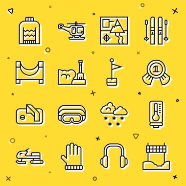 Bitiş çizgisinde Ribbon 'ı Meteoroloji Madalyası Katlanmış Harita Kürek Kar Pisti Pisti Noel süveteri ve konum belirleyici simgesi olarak ayarla. Vektör.