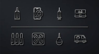 Hat merhemi tüpü tıp ampulü laptopunu kardiyogram Enema hapları acil telefon görüşmesi ve şırınga ikonu ile ayarla. Vektör.