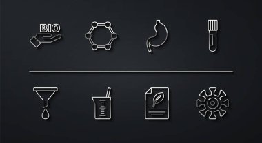 Biyolojik sağlıklı yiyecek hunisi ya da filtre test tüpü ve cam deney beşiği molekül bakterisi ve insan mide ikonu içeren küçük eko kağıdı ayarla. Vektör.