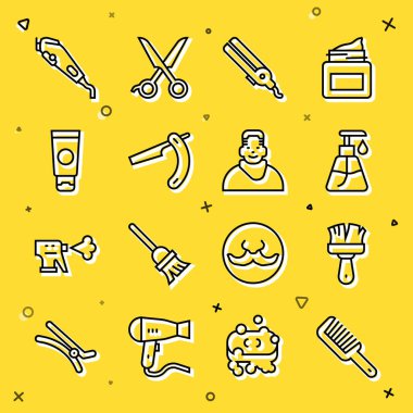 Saç fırçası traş köpüğü kozmetik tüp saç maşası düz tıraş makinesi ve berber dükkânı ikonu. Vektör.