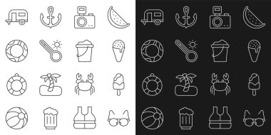 Gözlüklü Dondurma 'yı gözleme külahına yerleştirin. Fotoğraf makinesi. Meteoroloji termometresi, lastik yüzme karavanı ve kum kovası ikonu. Vektör.