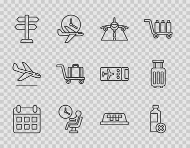 Takvim ve uçak ayarlayın. Havaalanı terminalinde insan su şişesi yok. Trafik levhası Trolley bagaj bagaj vagonu çatısı ve çanta ikonu. Vektör.
