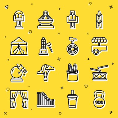 Halat Halat Davulu 'nu bagetlerle, Fast Street yemek arabasıyla, Atlıkarınca Striker' ı çekiç çadırı ve tek tekerlekli bisiklet ikonu ile ayarlayın. Vektör.