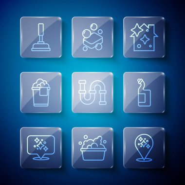 Ev temizlik hizmetini sabun köpüğü, endüstriyel metalik boru kovası köpük pompası ve bulaşık deterjanı ile ayarla. Vektör.