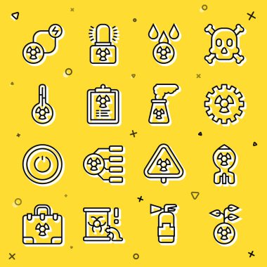 Radyoaktif Nükleer Bomba Yağmuru ve Radyoaktif Bulut Radyasyon Uyarı Belgesi Meteoroloji Termometre Değişim Enerjisi ve Enerji Santrali ikonu. Vektör.