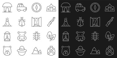 Kantin su şişesi tropikal yaprak av silahı pusula volkan püskürmesi Afrika kulübesi ve şelale ikonu. Vektör.