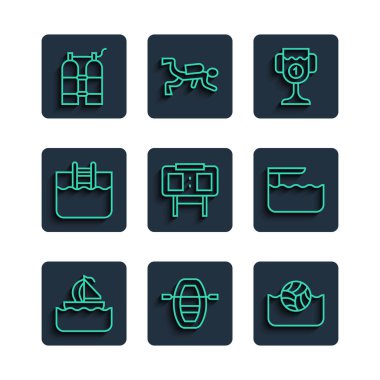 Kürekli Yat yelkenlisi Sport mekanik skorbord yüzme havuz merdiveni Aqualung ve Dalış sıçrama tahtası ikonu. Vektör.