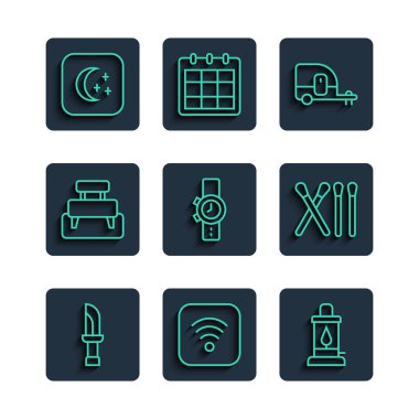 Knife Wi-Fi kablosuz internet kamp feneri karavan bilekliği Bench Moon ve yıldızlar ve kibrit çöpü ikonu. Vektör.