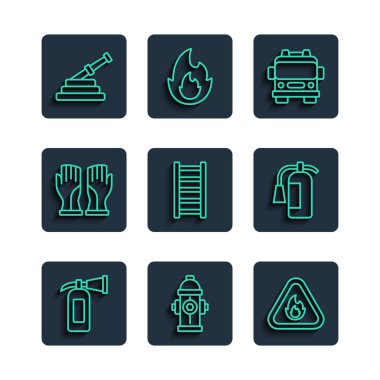 Yangın söndürücü yangın söndürücü kamyonunu itfaiye eldiveni hortum hortumu ve ikon çıkışına ayarlayın. Vektör.