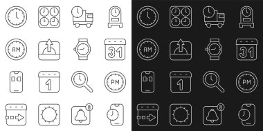 Alarm saatini, mobil saat uygulamasını, takvim teslimat kamyonunu ve Sunrise Morning Clock ve bilek saat simgesini ayarla. Vektör.