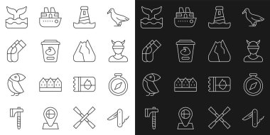 İsviçre çakısı pusula Viking baş deniz feneri yoğurt konteynırı balina kuyruğu ve dağ ikonu. Vektör.