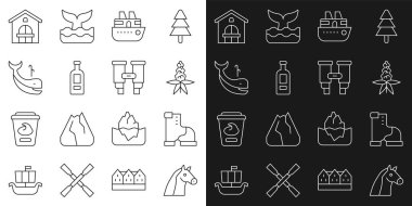 Horse Winter marka çizme, Lupine çiçeği, votka şişesi, balina çiftliği ve dürbün ikonu. Vektör.