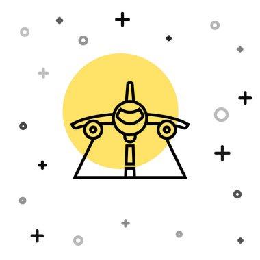 Siyah çizgi düzlem simgesi beyaz arkaplanda izole edildi. Uçan uçak ikonu. Uçak tabelası. Rastgele dinamik şekiller. Vektör.