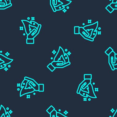 Yeşil Çizgili El mavi arka planda izole edilmiş bir ateş ikonu tutuyor. Vektör.