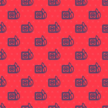 Yangın ikonundaki elektrik prizinin mavi hattı kırmızı arka planda izole edilmiş pürüzsüz desen. Elektrik güvenliği kavramı. Fiş prizi yanıyor. Vektör.