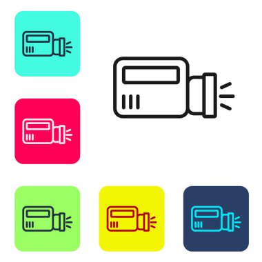 Beyaz arkaplanda siyah çizgi el feneri simgesi izole edildi. Renkli kare düğmelerle simgeleri ayarla. Vektör.