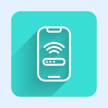 Bedava kablosuz kablosuz bağlantı ikonuna sahip beyaz çizgi akıllı telefon uzun gölge arkaplanı ile izole edilmiş. Kablosuz teknoloji, kablosuz bağlantı, kablosuz ağ. Yeşil kare düğmesi. Vektör.