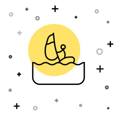 Siyah çizgi Windsurfing simgesi beyaz arkaplanda izole edildi. Rastgele dinamik şekiller. Vektör.