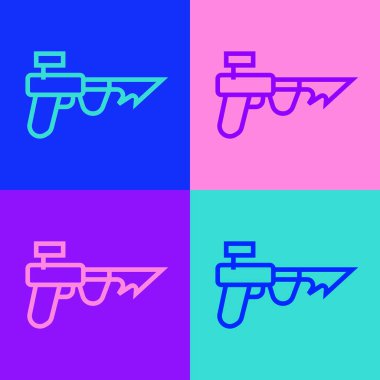 Pop Art Line Balıkçılık zıpkın ikonu renk arka planında izole edildi. Suyun altında balık yakalamak için balıkçılık üreticileri. Su altı ekipmanları. Vektör.