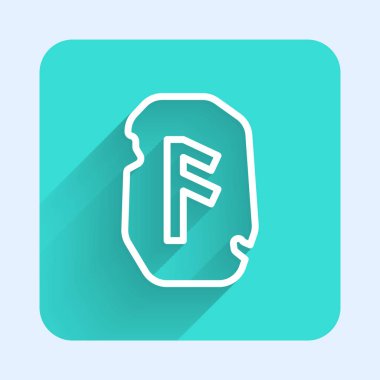 Beyaz çizgi sihirli mühür simgesi uzun gölge arkaplan izole. Rune taşı. Yeşil kare düğmesi. Vektör.