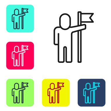 Siyah Çizgili Adam beyaz arkaplanda bayrak simgesi tutuyor. Zafer, kazanmak ve zorluk konseptini fethetmek. Renkli kare düğmelerle simgeleri ayarla. Vektör.