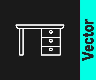 Beyaz çizgi ofis masa simgesi siyah arkaplanda izole edildi. Vektör.