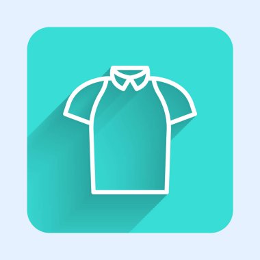 Beyaz çizgi Polo tişört ikonu uzun gölge arkaplan izole. Yeşil kare düğmesi. Vektör.