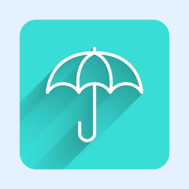 White line Umbrella icon isolated with long shadow background. Insurance concept. Waterproof icon. Protection, safety, security concept. Green square button. Vector.