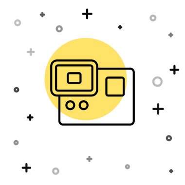 Siyah çizgi Eylem ekstrem kamera simgesi beyaz arkaplanda izole edildi. Ekstrem sporları çekmek için video kamera ekipmanı. Rastgele dinamik şekiller. Vektör.