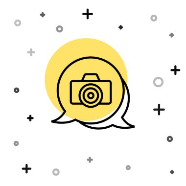 Siyah çizgi fotoğraf makinesi simgesi beyaz arkaplanda izole edildi. Foto kamera. Dijital fotoğrafçılık. Rastgele dinamik şekiller. Vektör.