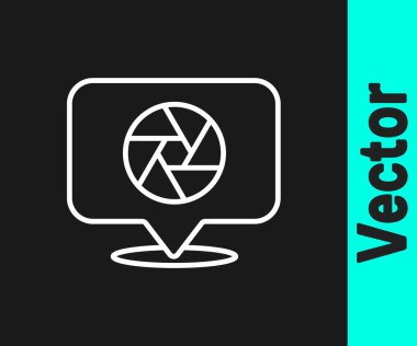 Beyaz çizgi kamera deklanşör simgesi siyah arkaplanda izole edildi. Vektör.