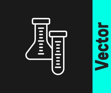 Beyaz çizgi test tüpü ve siyah arkaplanda izole edilmiş kimyasal test ikonu. Laboratuvar cam levhası. Vektör.