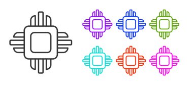 Beyaz arkaplanda izole edilmiş mikro devre işlemci simgesine sahip siyah çizgi Bilgisayar işlemcisi. Devre kartlı çip ya da işlemci. Mikro işlemci. Simgeleri renklendirin. Vektör.