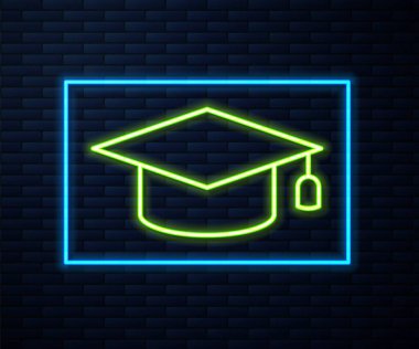 Parlayan neon hattı Mezuniyet simgesi tuğla duvar arka planında izole edildi. Tassel ikonlu mezuniyet şapkası. Vektör.